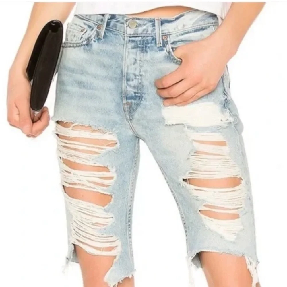 NWT GRLFRND Beverly High Rise No-Stretch Denim Long Biker Shorts (Faded Blue,25)